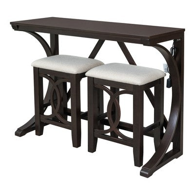Farmhouse 3 Piece Counter Height Dining Table Set for 2, Wood Console Bar Table with USB Port and Upholstered Stools for Small Space