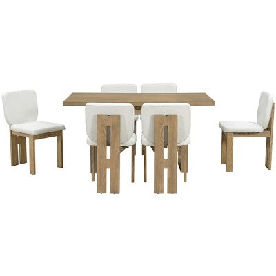 7-Piece Retro Dining Set, 1 Rectangular Table with Designed Trestle Base and 6 Upholstered Chairs - ModernLuxe