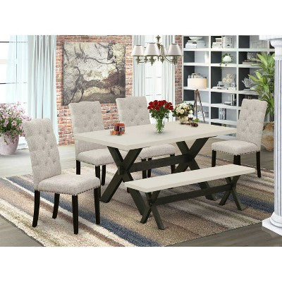 HomeStock 6-Pc Rectangle Natural Oak Finish Solid Wood Top Dining Table with 1-Bench, 4-Chairs