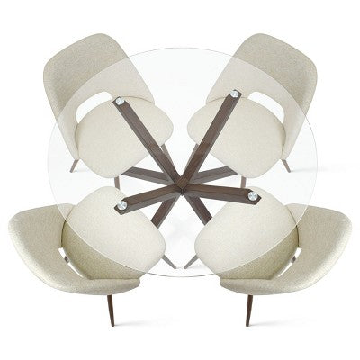 5-Piece Round Glass Dining Table Set with Upholstered Fabric Chairs, Modern Kitchen & Dining Room Furniture with Walnut Legs-Panipeachy