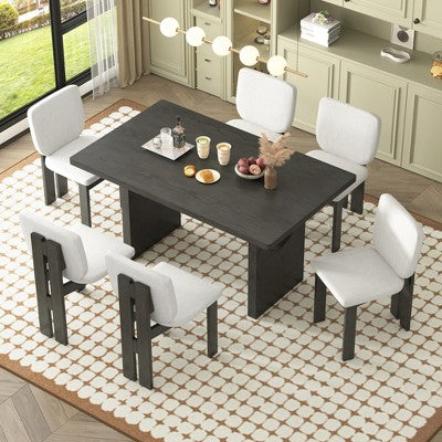 7-Piece Retro Dining Set, 1 Rectangular Table with Designed Trestle Base and 6 Upholstered Chairs - ModernLuxe