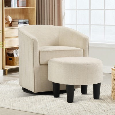 Bestier Swivel Accent Chair with Ottoman Set, Barrel Club Chair with Simple Line Design for Living Room Bedroom, Round Reading Chair