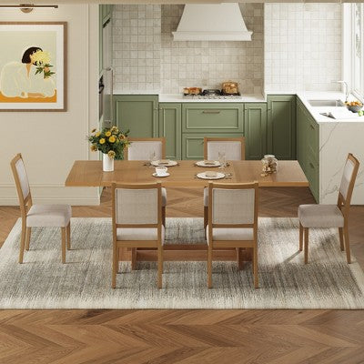 GDFStudio Elba 82 7 Piece Rubberwood Upholstered Dining Set with Trestle Extendable Table