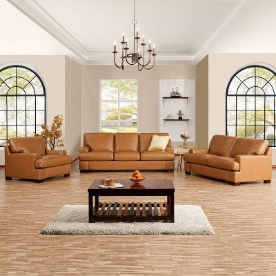 Home Imports Emporium Genuine Leather Living Room Set  Sofa Sets with Goose Feather Cushions and Mid-Century Modern Design