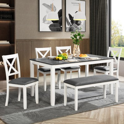 GDFStudio Callan Farmhouse Wood Upholstered 6 Piece Dining Set with Bench