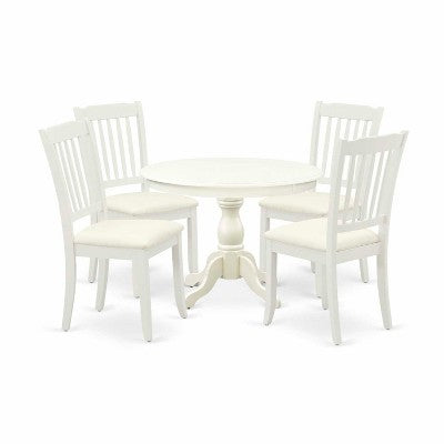 HomeStock 5-Piece Round Linen White Finish Solid Wood Top Dining table with 4-Chairs with Slat Back