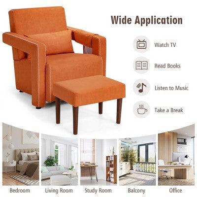 Costway Modern Berber Fleece Single Sofa Chair w/ Ottoman & Waist Pillow Red\Blue\Black\Green\Orange