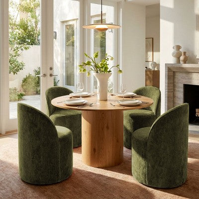 Dining Table Set for 4, Modern Barrel Chair with Wheels and Chenille Upholstery, Round Pedestal Table for Small-Dining Areas-Panipeachy