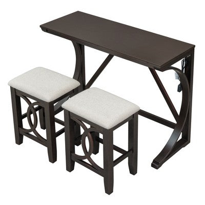 Farmhouse 3 Piece Counter Height Dining Table Set for 2, Wood Console Bar Table with USB Port and Upholstered Stools for Small Space