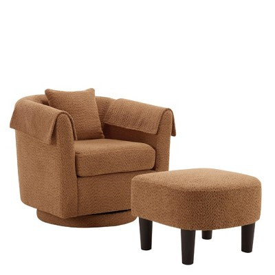 Swivel Accent Chair with Ottoman Set, Modern Chenille Barrel Armchair with Back Pillow & 2 Armrest Covers for Living Room, Bedroom, Office