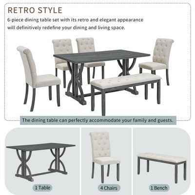 Farmhouse Dining Set for 4, Rectangular Kitchen Table Set with 4 Upholstered Chairs and Bench