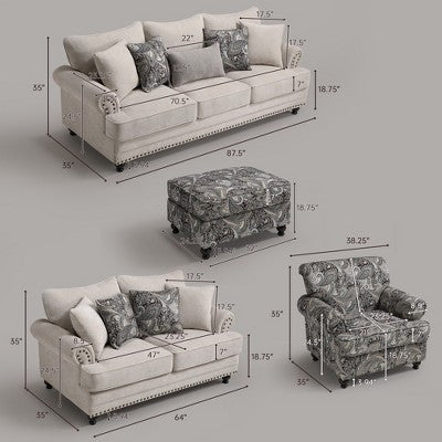 Piece Living Room Set, Modern Farmhouse Chenille Sofa and Loveseat with Nailhead Trim, Floral Accent Chair