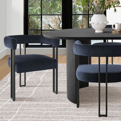 7-Piece Dining Table Set with Velvet Chairs, Modern Oval Black Table & Upholstered Armchairs with Metal Legs for Dining Room-Panipeachy