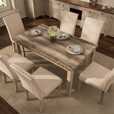Wooden Dining Set - Modern Farmhouse Style Rectangular Table & Upholstered Chairs for Kitchen & Dining Room (Beige)-Morden Fort