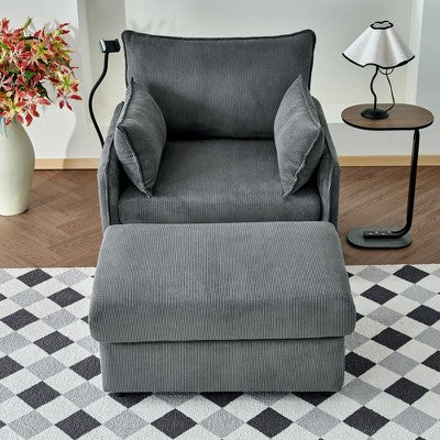 GDFStudio Renac Modern Corduroy Upholstered Chaise Lounge with Storage Ottoman and Pillows