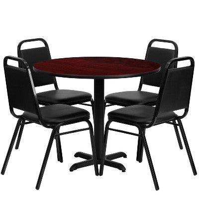Emma and Oliver 36 Round Laminate X-Base Table Set with 4 Banquet Chairs