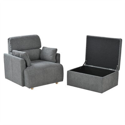 ModernLuxe Upholstered Chaise Lounge with Storage Ottoman, Wide Accent Chair Armchair Lazy Single Sofa Reading Couch Chair, Gray/Beige