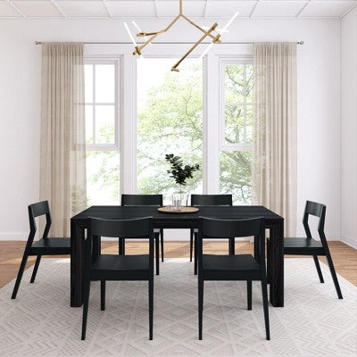 Plank+Beam 72 Modern Solid Wood Dining Table Set, Black Wirebrush, + 6 Chairs