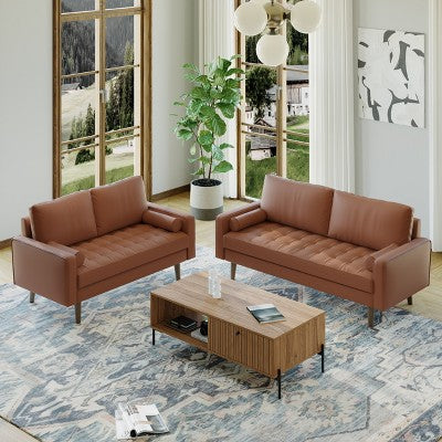 Luige 2 Piece Mid-Century Modern Square Arm Faux Leather Sofa and Loveseat Set - Tree City