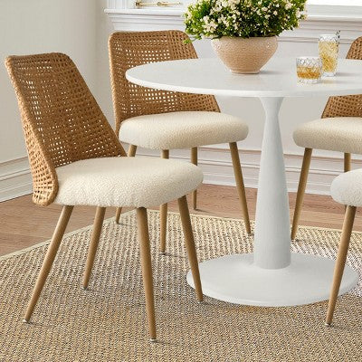 Small Round 5 Piece Dining Table Set for 4, 35 Round Pedestal Table with 4 Boucle Dining Chairs Double Layer Rattan Back. Dining Room-Panipeachy