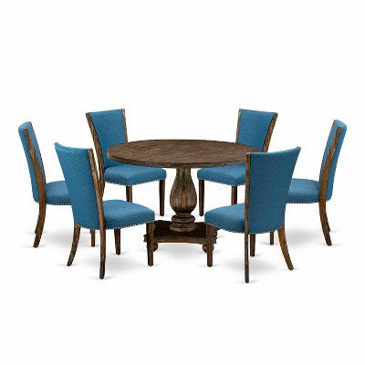 HomeStock 7-Piece Distressed Jacobean Finish Solid Wood Top Dining Table with 6-Parson Chairs