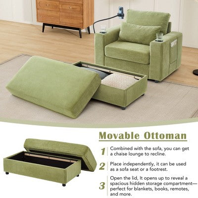 GDFStudio Roy Modern 42.5 Armchair Chaise Lounge Sofa with Movable Storage Ottoman and USB Ports