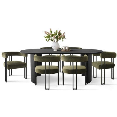 7-Piece Dining Table Set with Velvet Chairs, Modern Oval Black Table & Upholstered Armchairs with Metal Legs for Dining Room-Panipeachy