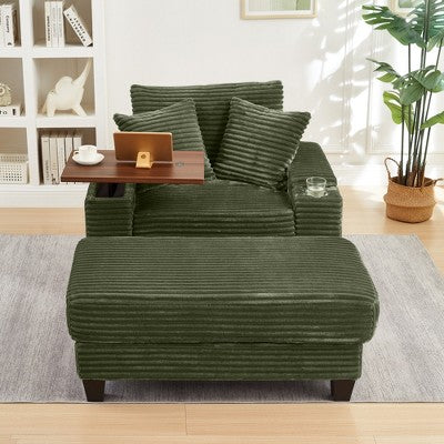 GDFStudio Siesta 42 Modern Corduroy Chair with Ottoman and Hidden Swivel Table