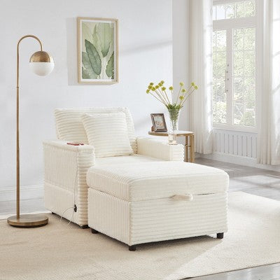 GDFStudio Tenley Modern Chenille Accent Chair with Storage Ottoman, Cup Holder and Convertible Armrest Table