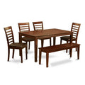 HomeStock 6-Piece Rectangle Mahogany Finish Solid Wood Top Dining Table with 1 Bench, 4 Chairs