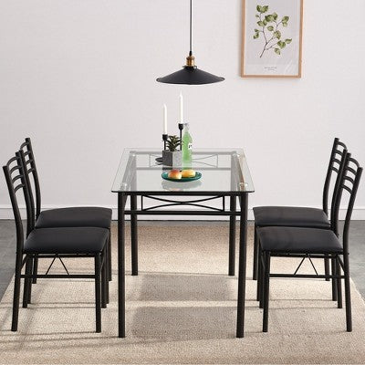 VECELO 5 Piece Dining Table Set with Glass Top Table & 4 Upholstered Chairs, Kitchen Rectangular Table Set Brown/Black