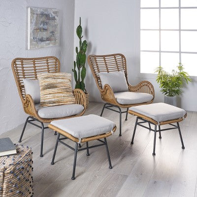 GDFStudio Izidro Indoor Boho Modern Wicker 4 Piece Club Chair and Ottoman Set