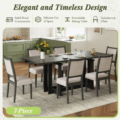 GDFStudio Elba 82 7 Piece Rubberwood Upholstered Dining Set with Trestle Extendable Table