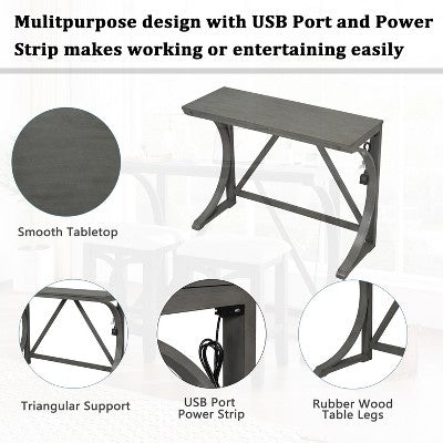 Farmhouse 3 Piece Counter Height Dining Table Set for 2, Wood Console Bar Table with USB Port and Upholstered Stools for Small Space