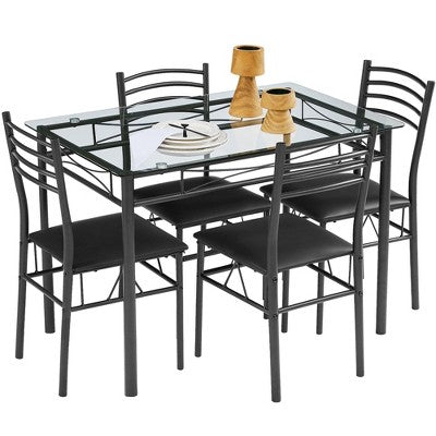 VECELO 5 Piece Dining Table Set with Glass Top Table & 4 Upholstered Chairs, Kitchen Rectangular Table Set Brown/Black