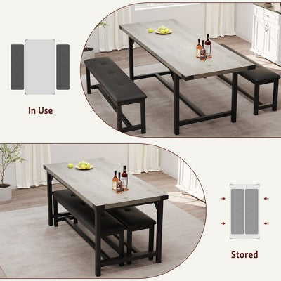 Dining Table Set for 4-6, Large Extendable Wooden Kitchen Table Set for 6, Rectangle Kitchen Table Set with 2 Upholstered Benches