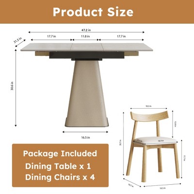 GDFStudio Lin 5 Piece Leather Upholstered Dining Expandable Table Set with 4 Chairs, Sintered Stone Tabletop and Steel Base
