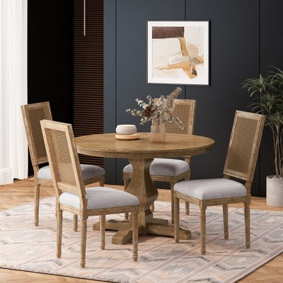 Christopher Knight Home Remuda French Country Fabric Upholstered Wood and Cane 5 Piece Circular Dining Set