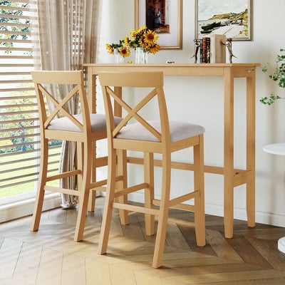 GDFStudio Varo Farmhouse Rectangular Acacia Wood Bar Height Dining Set with Upholstered Chairs