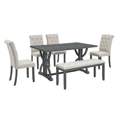 Farmhouse Dining Set for 4, Rectangular Kitchen Table Set with 4 Upholstered Chairs and Bench