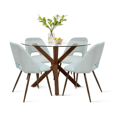 5-Piece Round Glass Dining Table Set with Upholstered Fabric Chairs, Modern Kitchen & Dining Room Furniture with Walnut Legs-Panipeachy