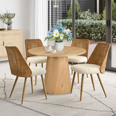 5-Piece Round Dining Set, 35 Pedestal Table and Upholstered Dining Chairs with Rattan Backs, Ideal for Dining Room-Panipeachy