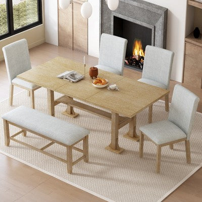 6 Pieces Dining Table Set with Bench for 6, Kitchen Table Set with Storage Drawer and 4 Upholstered Dining Chairs