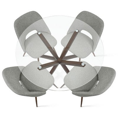 5-Piece Round Glass Dining Table Set with Upholstered Fabric Chairs, Modern Kitchen & Dining Room Furniture with Walnut Legs-Panipeachy