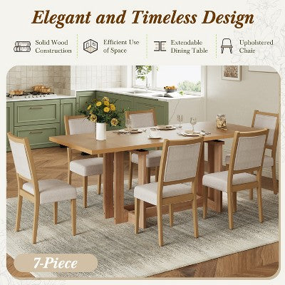 GDFStudio Elba 82 7 Piece Rubberwood Upholstered Dining Set with Trestle Extendable Table