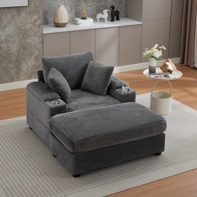 GDFStudio Ulen Modern Corduroy Upholstered Storage Chair with Ottoman and Detachable Cushions