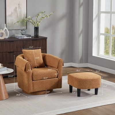Swivel Accent Chair with Ottoman Set, Modern Chenille Barrel Armchair with Back Pillow & 2 Armrest Covers for Living Room, Bedroom, Office