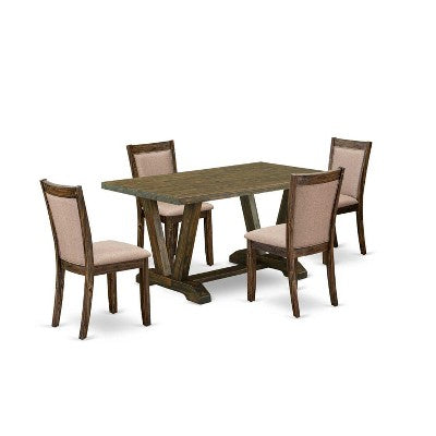 HomeStock 5-Piece Distressed Jacobean Finish Solid Wood Top Dining Table with 4-Parson Chair