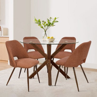 5-Piece Round Glass Dining Table Set with Upholstered Fabric Chairs, Modern Kitchen & Dining Room Furniture with Walnut Legs-Panipeachy