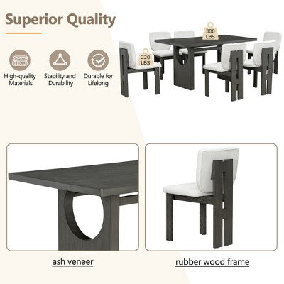 7-Piece Retro Dining Set, 1 Rectangular Table with Designed Trestle Base and 6 Upholstered Chairs - ModernLuxe